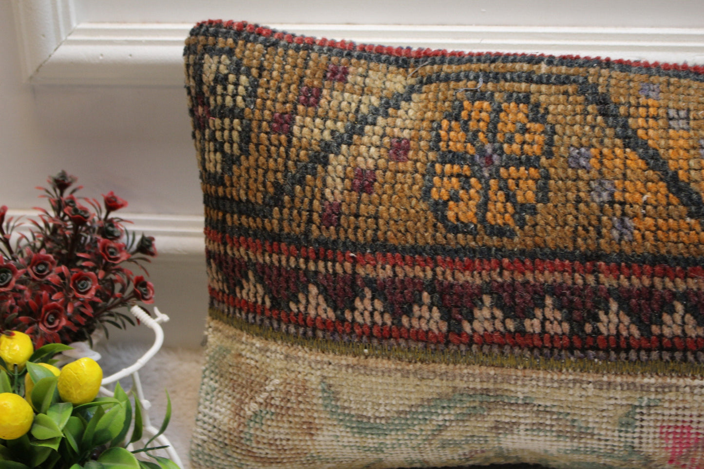 Handmade Turkish Rug Pillow Cover: Patchwork Wool Lumbar Cushion (12x24 in)