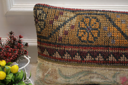 Handmade Turkish Rug Pillow Cover: Patchwork Wool Lumbar Cushion (12x24 in)