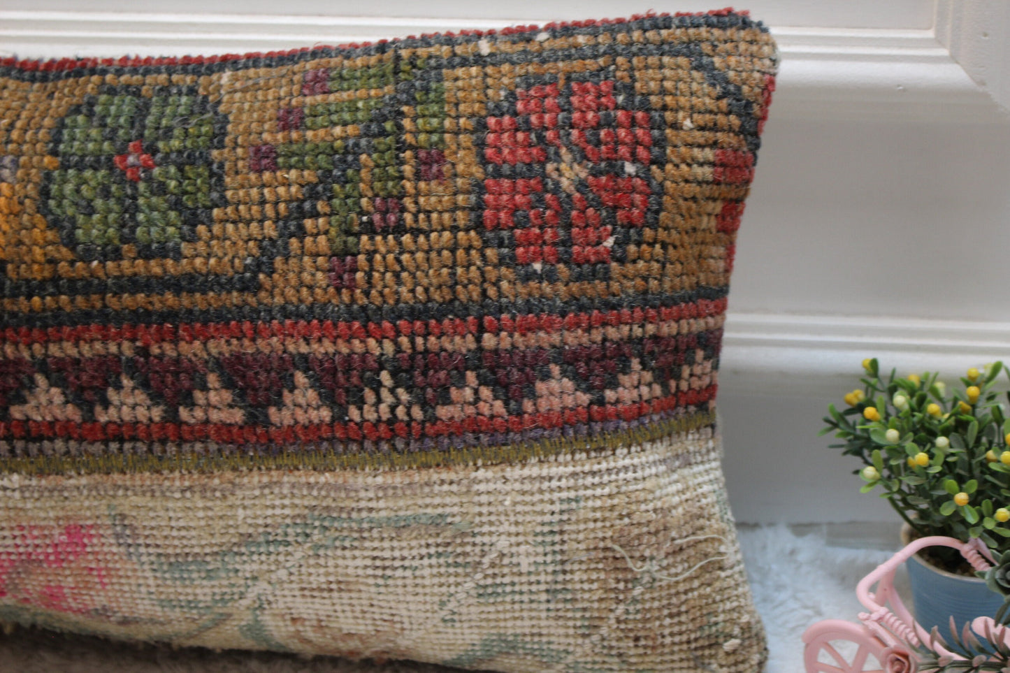 Handmade Turkish Rug Pillow Cover: Patchwork Wool Lumbar Cushion (12x24 in)