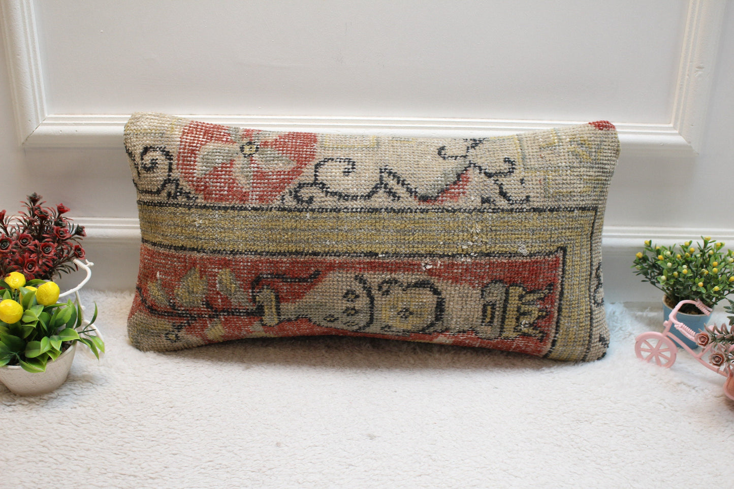 Handmade Turkish Rug Pillow Cover: Red Beige Wool Lumbar Cushion (12x24 in)