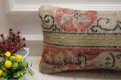 Handmade Turkish Rug Pillow Cover: Red Beige Wool Lumbar Cushion (12x24 in)