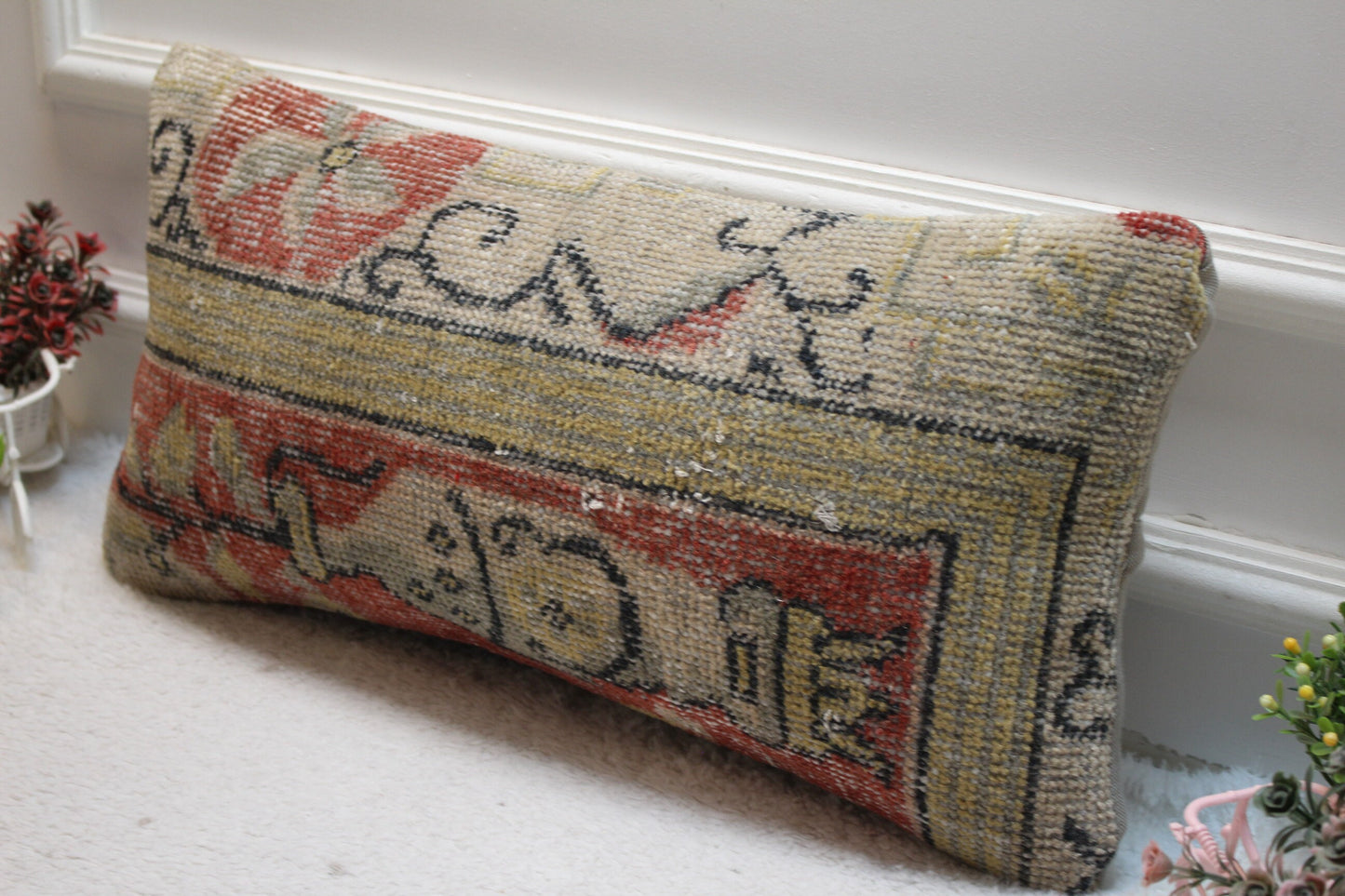 Handmade Turkish Rug Pillow Cover: Red Beige Wool Lumbar Cushion (12x24 in)