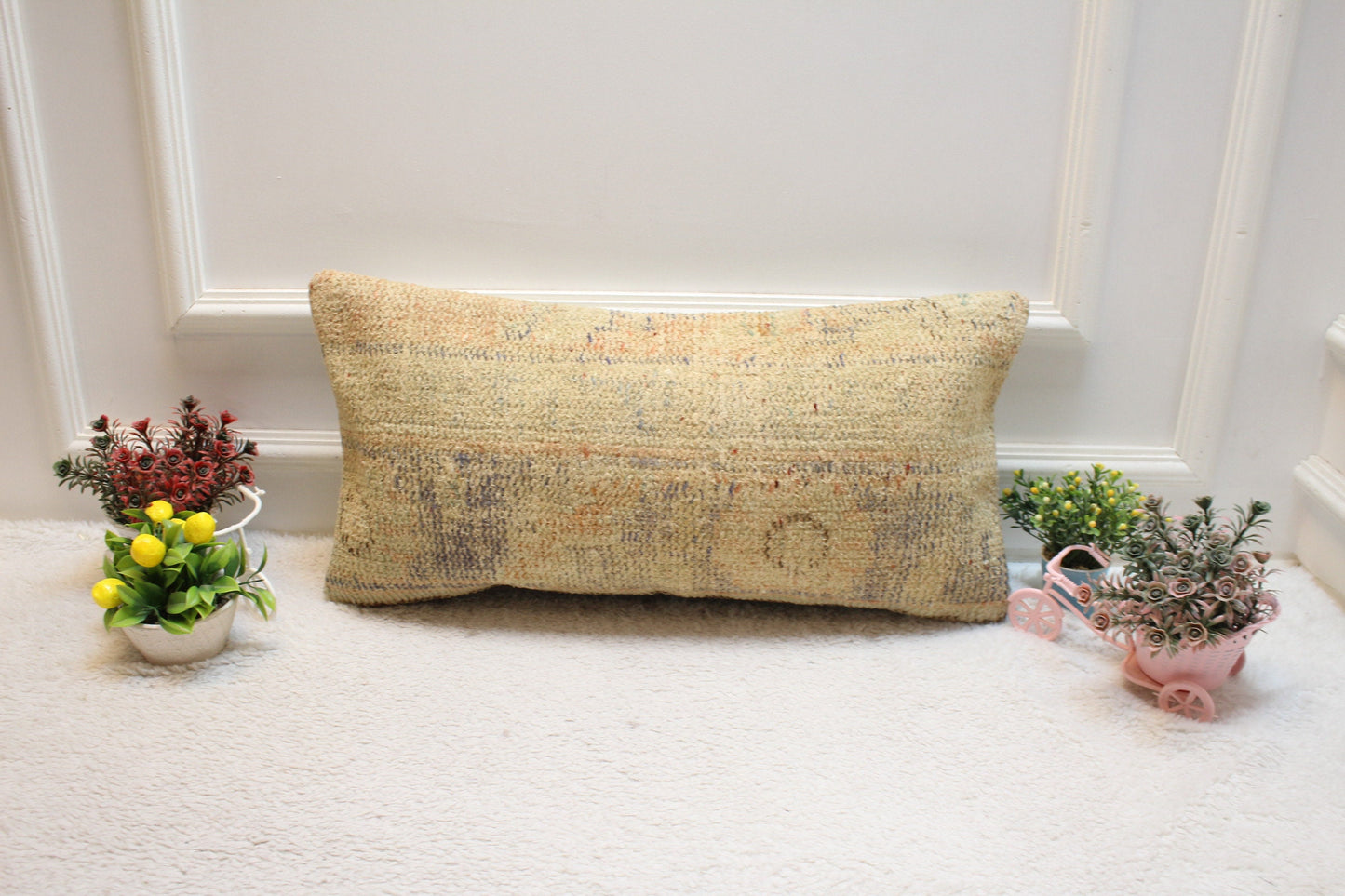 Handmade Beige Turkish Rug Lumbar Pillow Cover: 12x24 Organic Wool