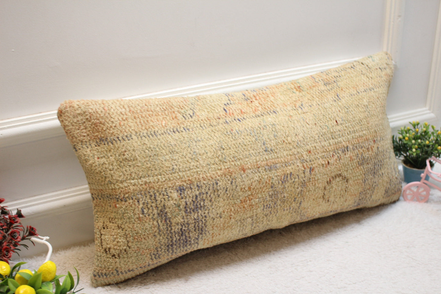 Handmade Beige Turkish Rug Lumbar Pillow Cover: 12x24 Organic Wool