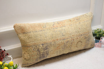 Handmade Beige Turkish Rug Lumbar Pillow Cover: 12x24 Organic Wool