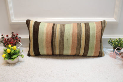 Striped Kilim Pillow Cover: Handmade Organic Wool Lumbar Pillow (12x24 in)