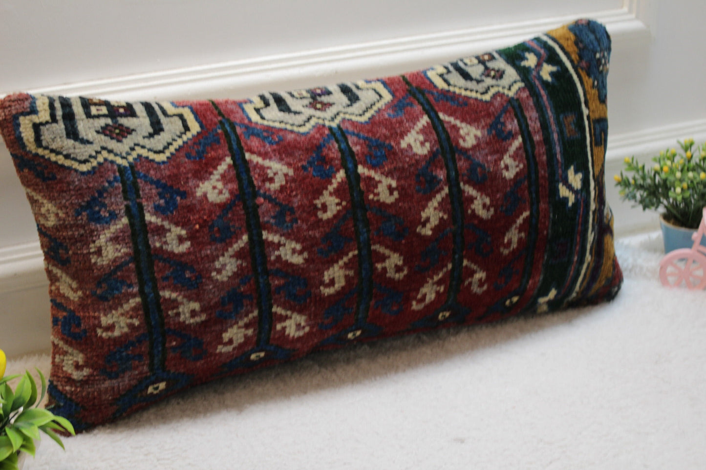 Handmade Turkish Rug Pillow Cover: Geometric Boho Lumbar Pillow (12x24 in)
