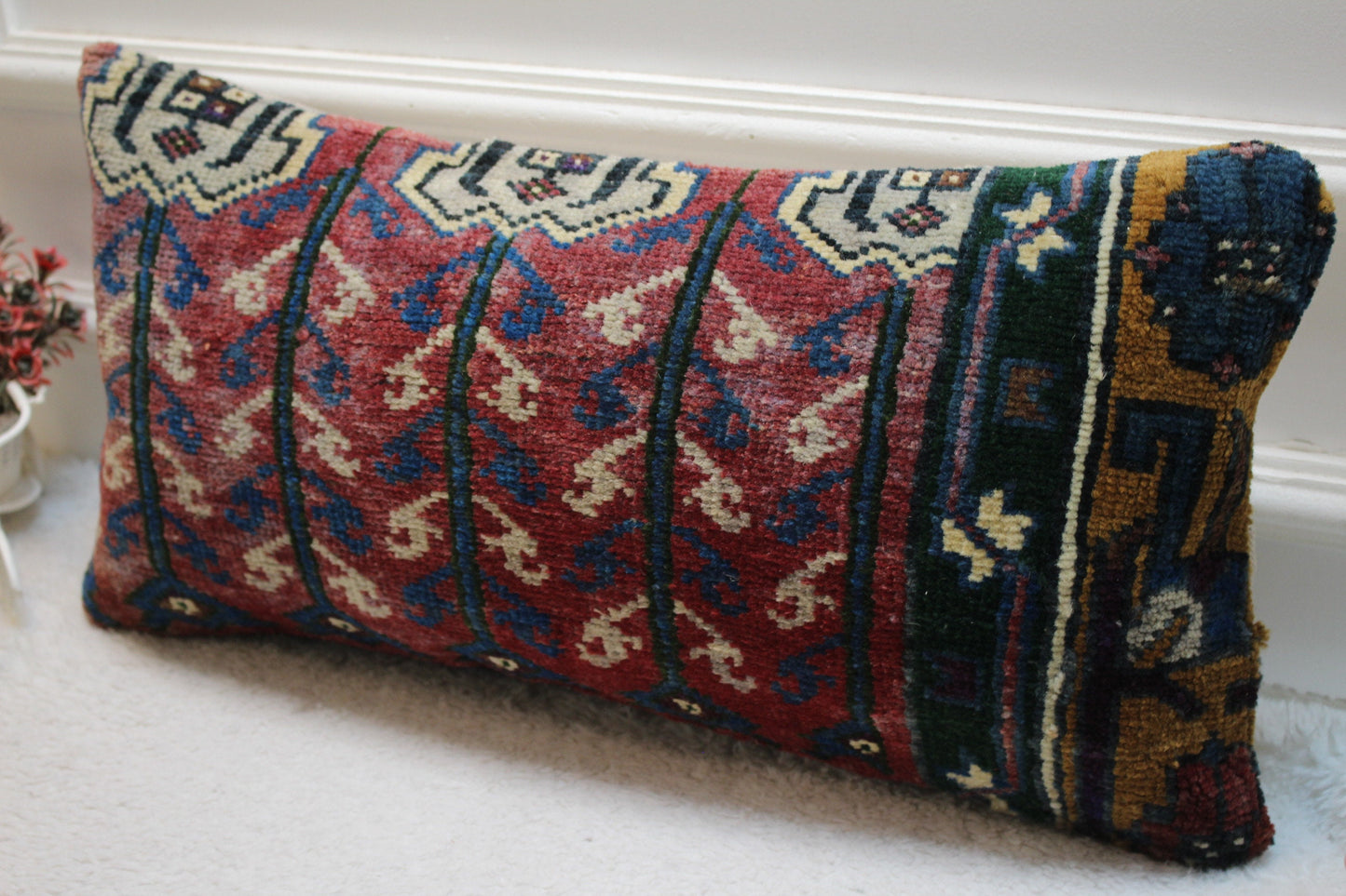 Handmade Turkish Rug Pillow Cover: Geometric Boho Lumbar Pillow (12x24 in)