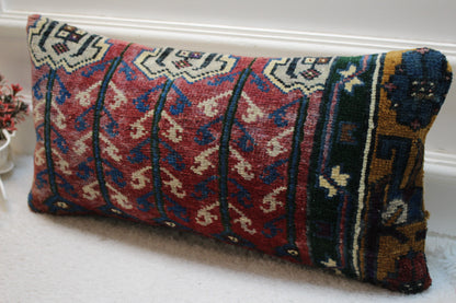 Handmade Turkish Rug Pillow Cover: Geometric Boho Lumbar Pillow (12x24 in)