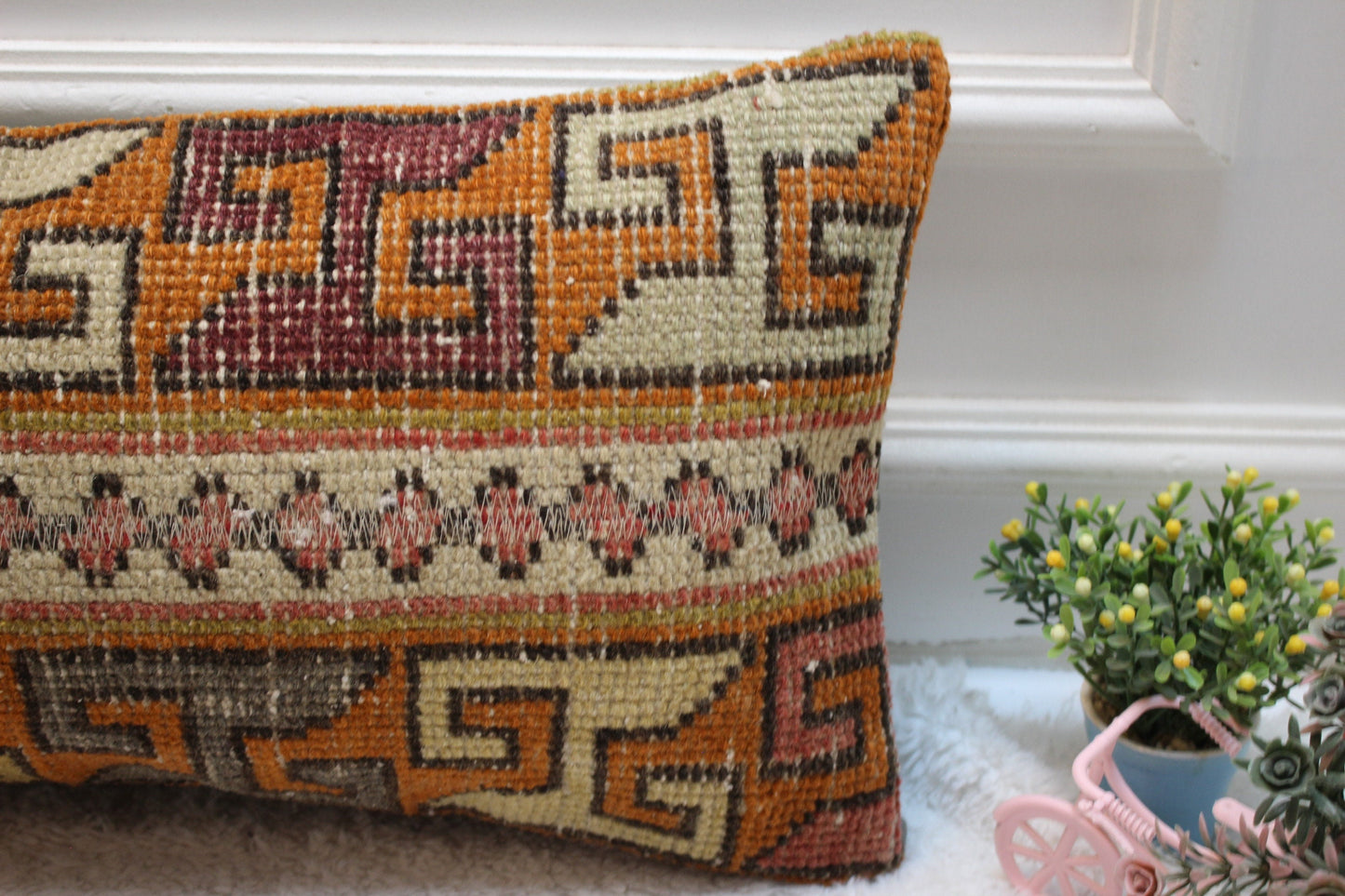 Orange Turkish Rug Lumbar Pillow Cover: Vintage Wool Throw Pillow (12x24 in)