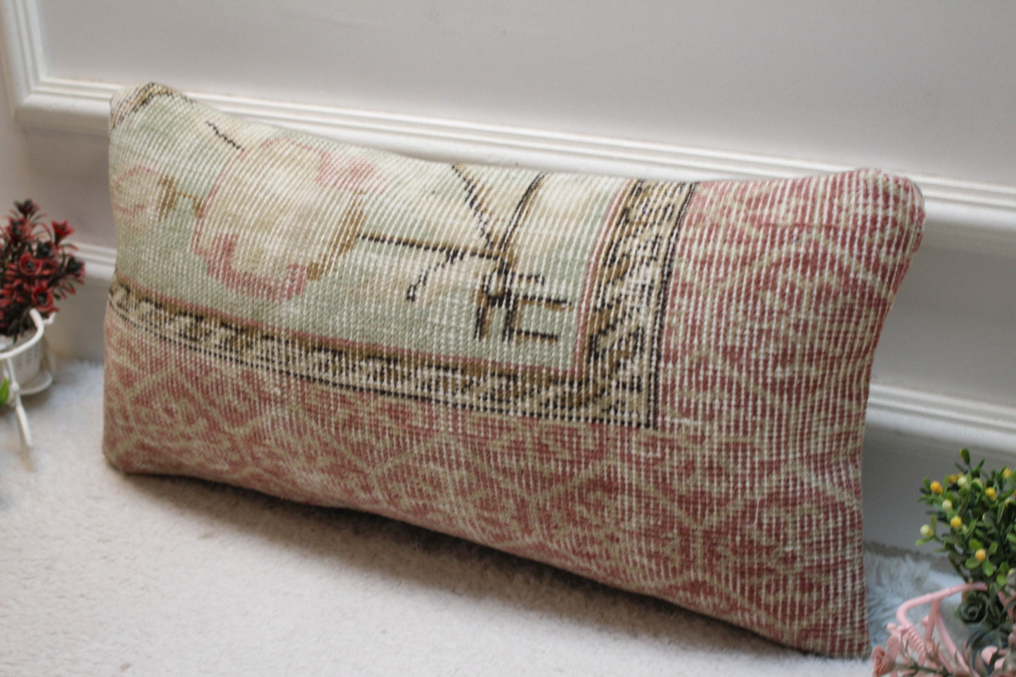 Vintage Turkish Rug Pillow Cover: Red & Green Organic Wool, 12x24 inch