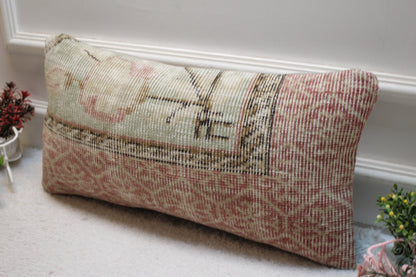 Vintage Turkish Rug Pillow Cover: Red & Green Organic Wool, 12x24 inch