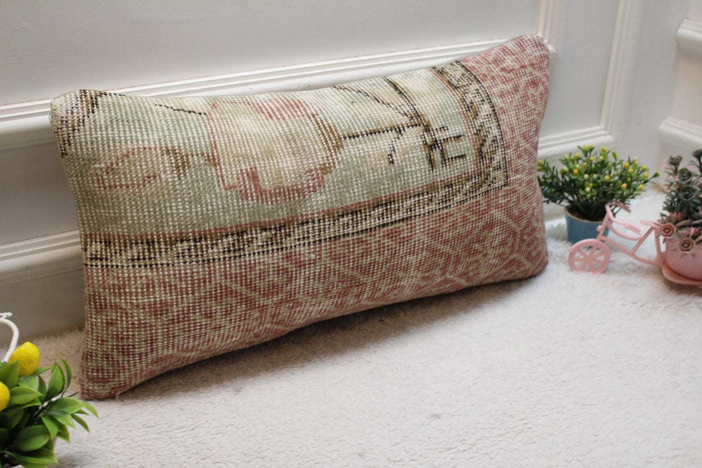 Vintage Turkish Rug Pillow Cover: Red & Green Organic Wool, 12x24 inch