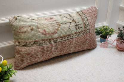 Vintage Turkish Rug Pillow Cover: Red & Green Organic Wool, 12x24 inch