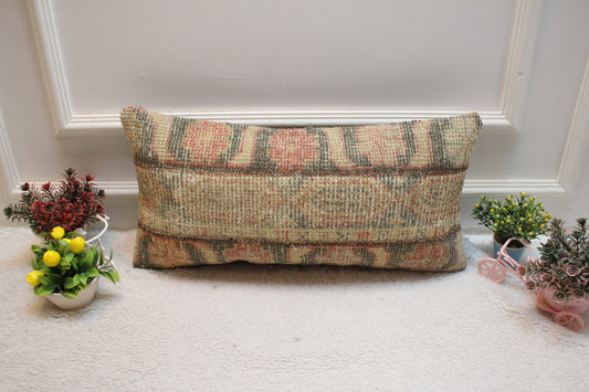 Vintage Turkish Rug Lumbar Pillow Cover: Soft Colors, 12x24 inch