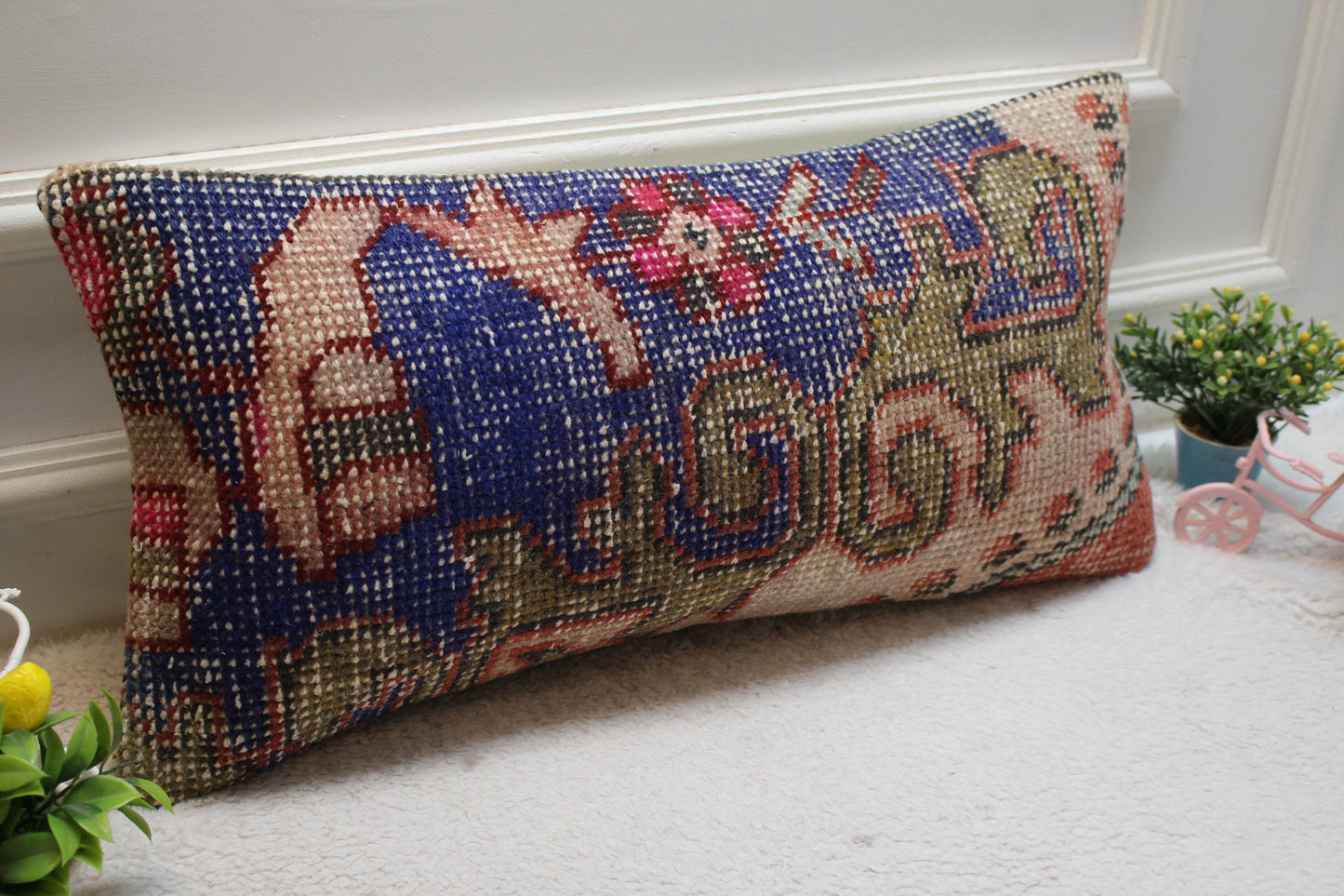 Blue Vintage Turkish Rug Lumbar Pillow Cover: 12x24 Organic Wool Pillow