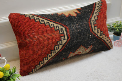 Handmade Kilim Pillow Cover: Ethnic Red & Black Wool Rug Pillow (12x24 in)