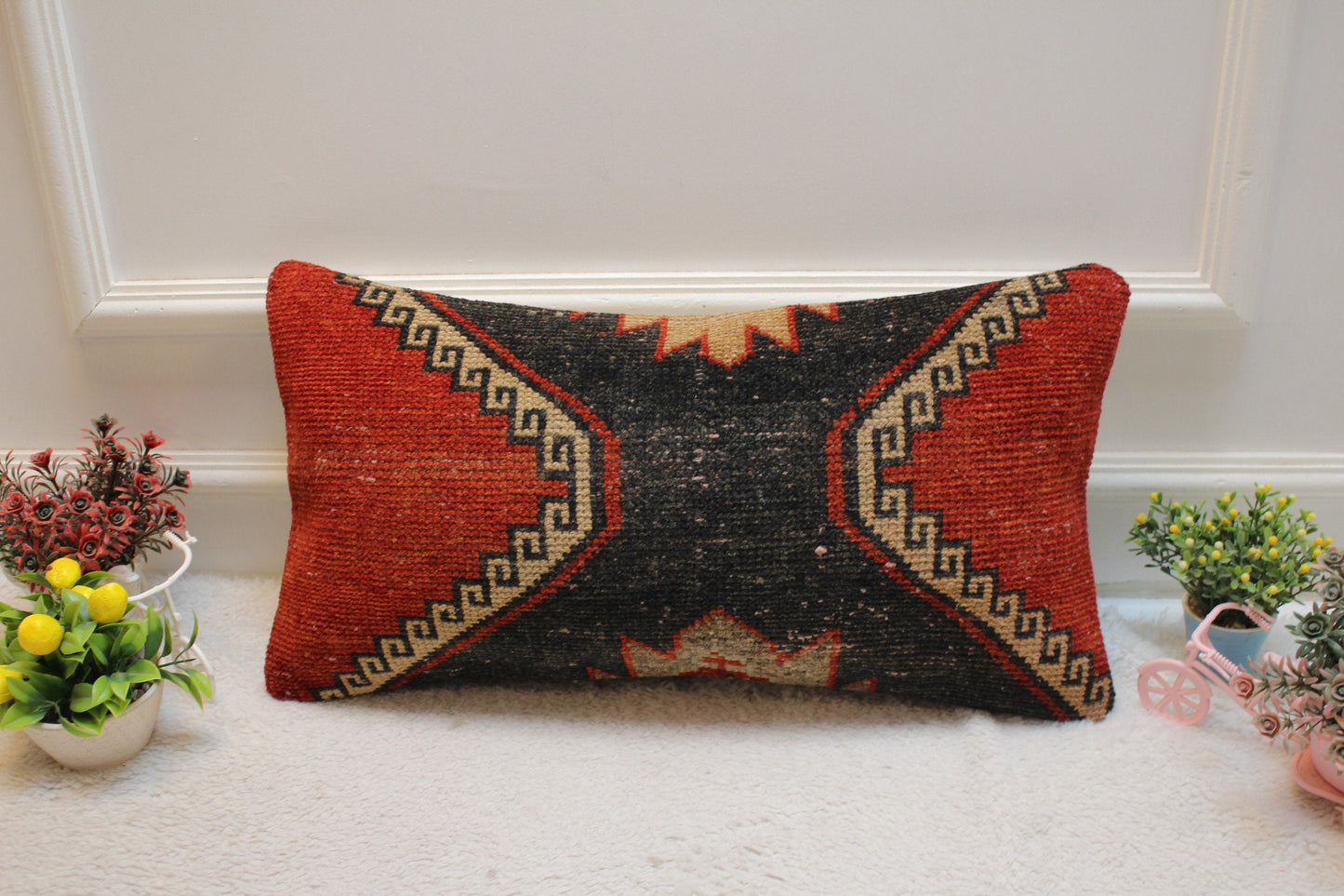 Handmade Kilim Pillow Cover: Ethnic Red & Black Wool Rug Pillow (12x24 in)