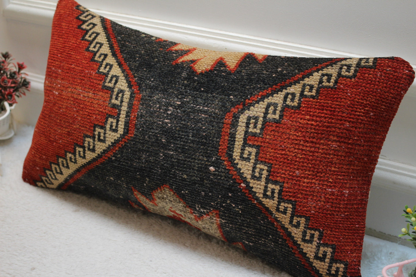 Handmade Kilim Pillow Cover: Ethnic Red & Black Wool Rug Pillow (12x24 in)