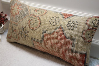 Handmade Wool Rug Pillow Cover: Vintage Anatolian Kilim Lumbar (12x24 in)