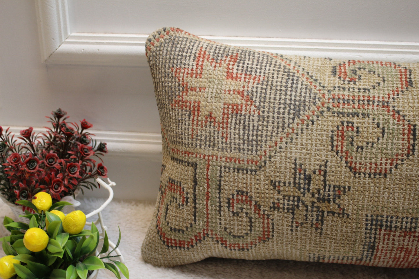 Handmade Wool Rug Pillow Cover: Vintage Anatolian Kilim Lumbar (12x24 in)