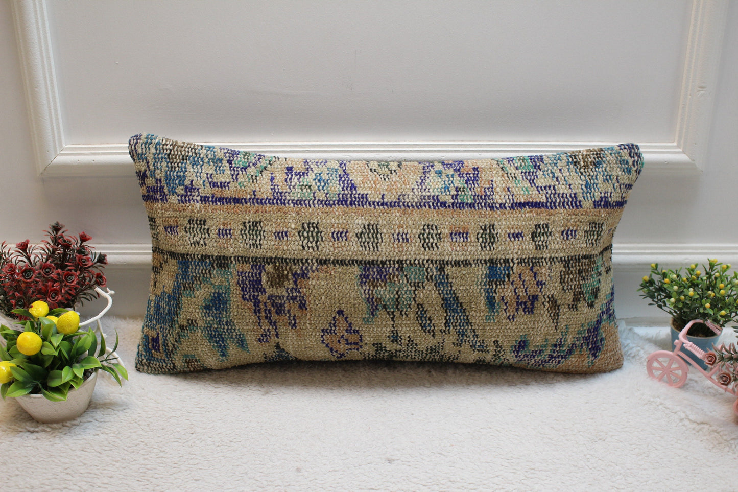 Vintage Turkish Rug Pillow Cover: Beige & Blue Wool Lumbar Pillow (12x24 in)