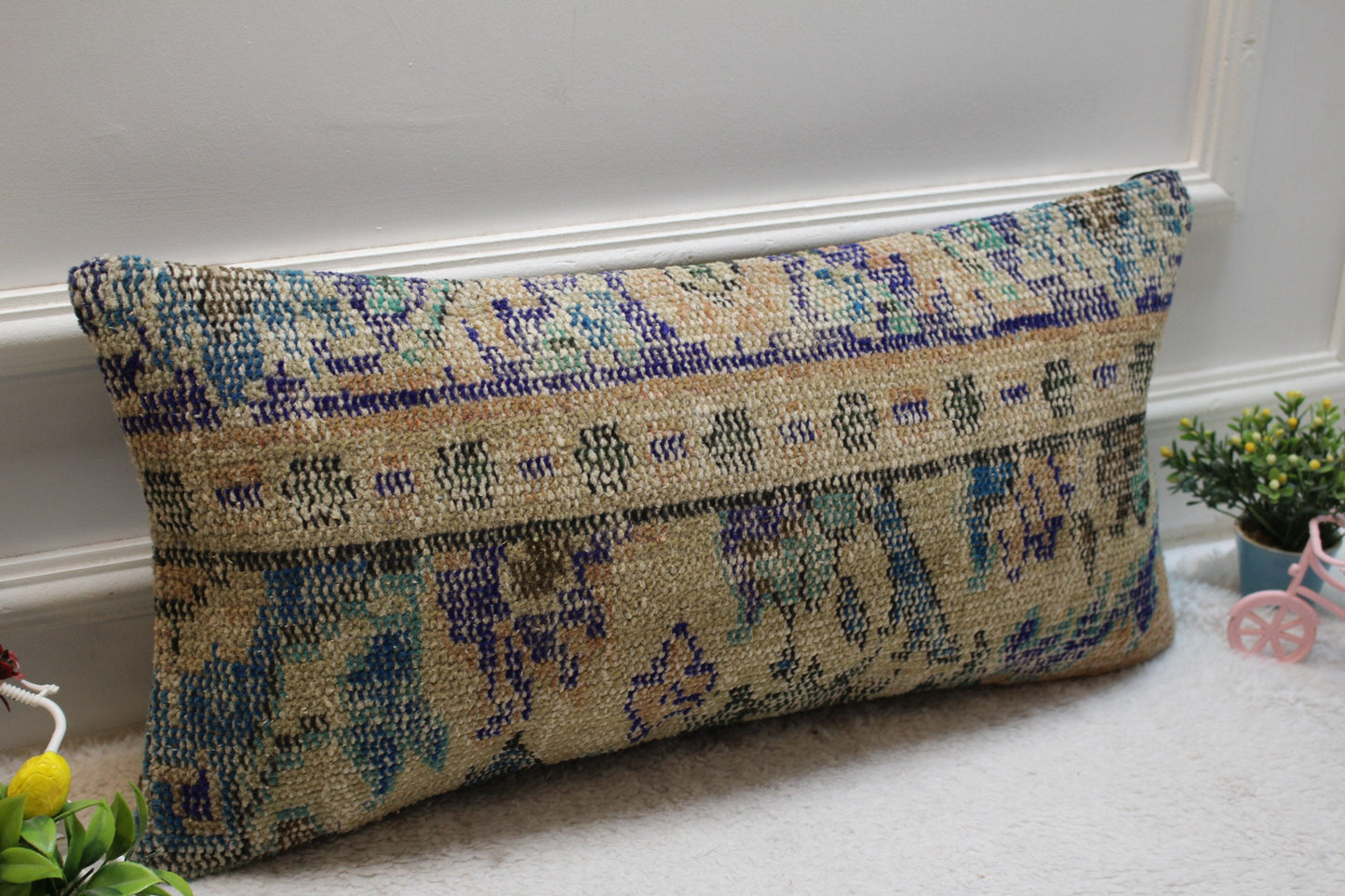 Vintage Turkish Rug Pillow Cover: Beige & Blue Wool Lumbar Pillow (12x24 in)