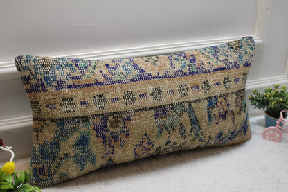 Vintage Turkish Rug Pillow Cover: Beige & Blue Wool Lumbar Pillow (12x24 in)