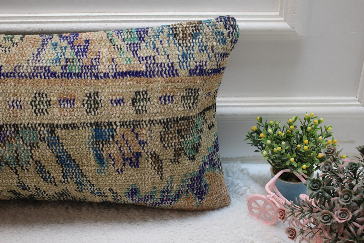 Vintage Turkish Rug Pillow Cover: Beige & Blue Wool Lumbar Pillow (12x24 in)