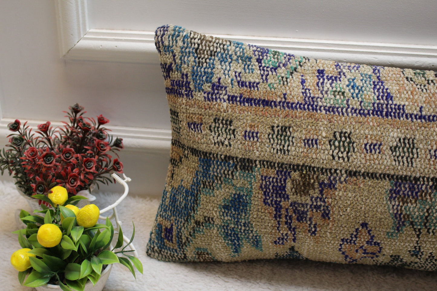 Vintage Turkish Rug Pillow Cover: Beige & Blue Wool Lumbar Pillow (12x24 in)