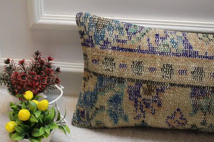 Vintage Turkish Rug Pillow Cover: Beige & Blue Wool Lumbar Pillow (12x24 in)