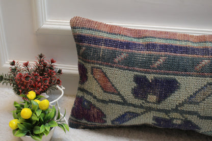 Vintage Turkish Rug Lumbar Pillow Cover: Beige, Blue, Red, Wool, 12x24 inch