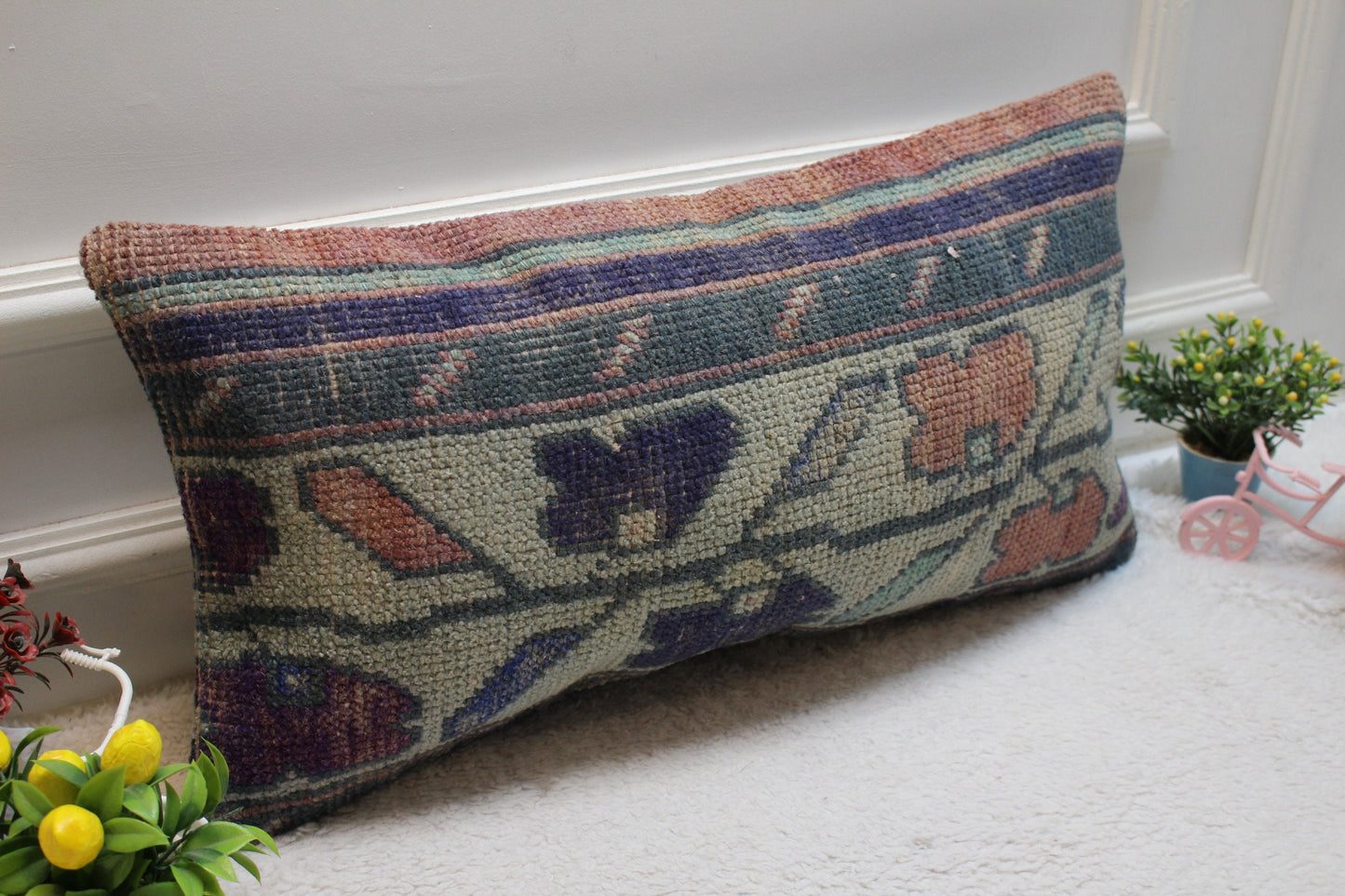 Vintage Turkish Rug Lumbar Pillow Cover: Beige, Blue, Red, Wool, 12x24 inch