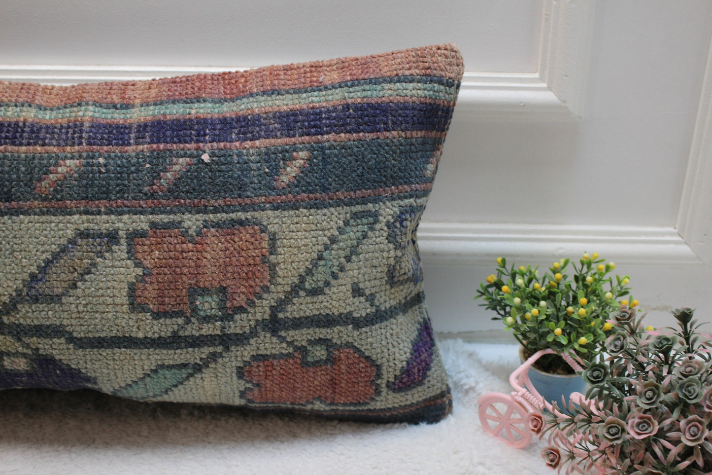 Vintage Turkish Rug Lumbar Pillow Cover: Beige, Blue, Red, Wool, 12x24 inch