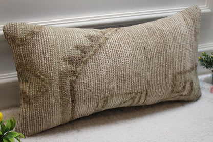 Gray Turkish Rug Lumbar Pillow Cover: Handmade Organic Wool, 12x24 inch