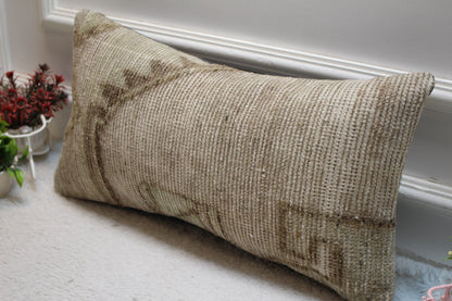 Gray Turkish Rug Lumbar Pillow Cover: Handmade Organic Wool, 12x24 inch