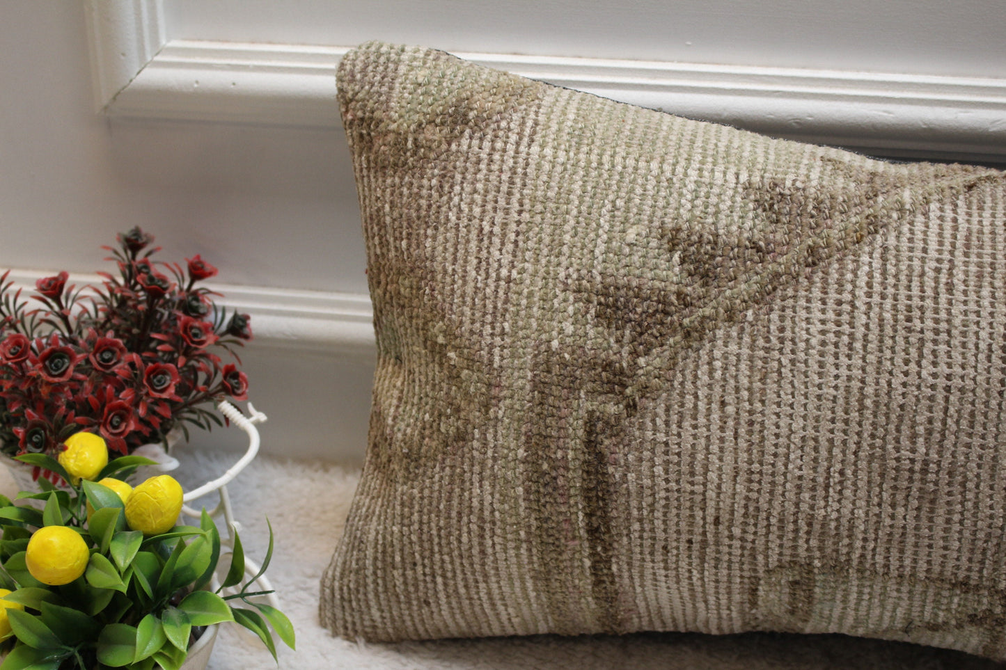 Gray Turkish Rug Lumbar Pillow Cover: Handmade Organic Wool, 12x24 inch