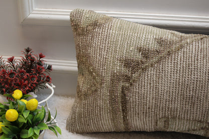 Gray Turkish Rug Lumbar Pillow Cover: Handmade Organic Wool, 12x24 inch
