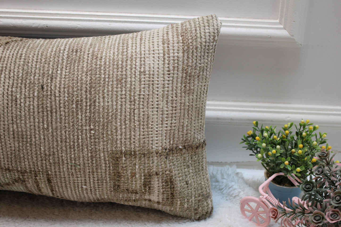 Gray Turkish Rug Lumbar Pillow Cover: Handmade Organic Wool, 12x24 inch
