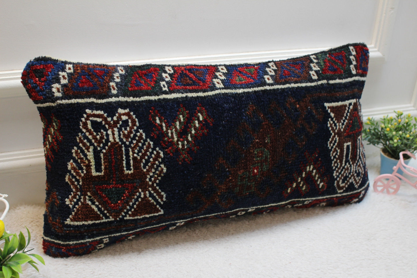 Handmade Turkish Rug Pillow Cover: Upcycled Kilim, Bohemian Decor (12x24 in)