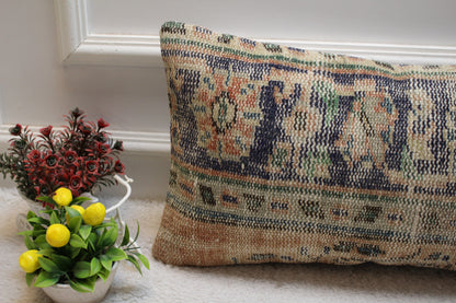 Floral Turkish Rug Pillow Cover: Handmade Vintage Lumbar Pillow (12x24 in)