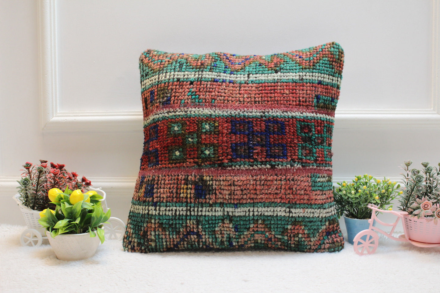Red Vintage Turkish Rug Pillow: 16x16 Handmade Anatolian Pillow Cover