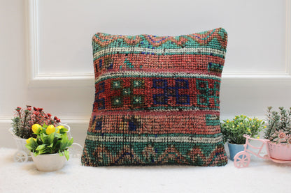 Red Vintage Turkish Rug Pillow: 16x16 Handmade Anatolian Pillow Cover
