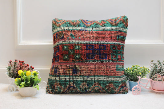 Red Vintage Turkish Rug Pillow: 16x16 Handmade Anatolian Pillow Cover
