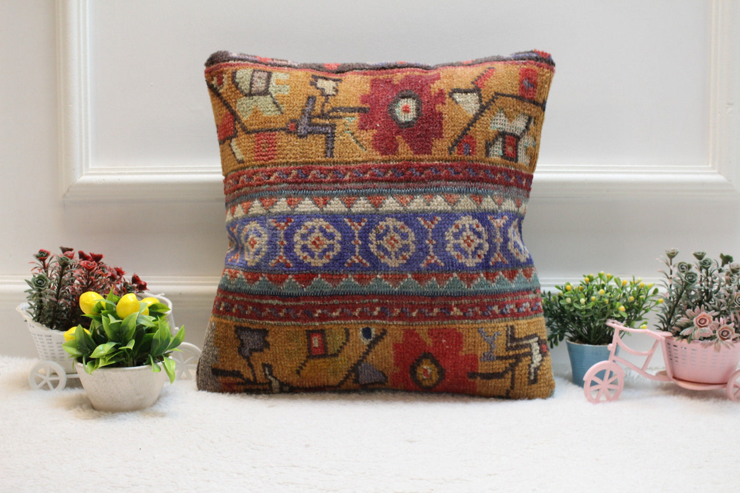 Handmade Turkish Rug Pillow: Vintage Wool Patchwork, 16x16 inc