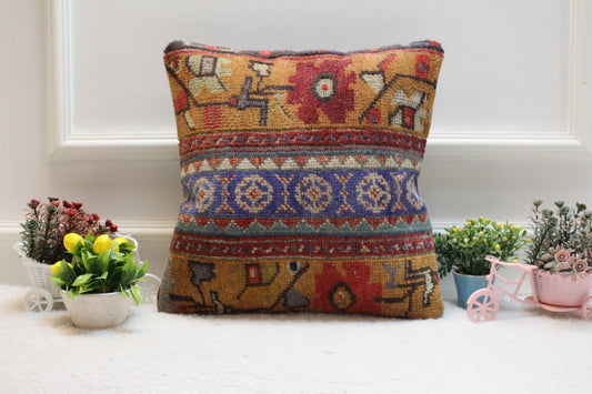 Handmade Turkish Rug Pillow: Vintage Wool Patchwork, 16x16 inc