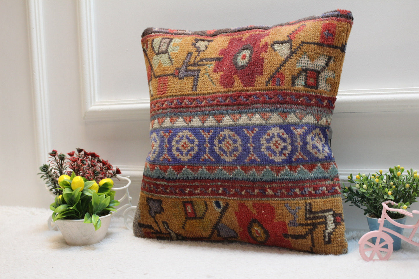 Handmade Turkish Rug Pillow: Vintage Wool Patchwork, 16x16 inc