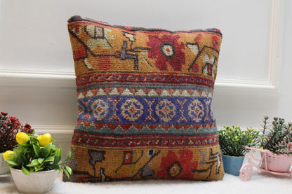 Handmade Turkish Rug Pillow: Vintage Wool Patchwork, 16x16 inc