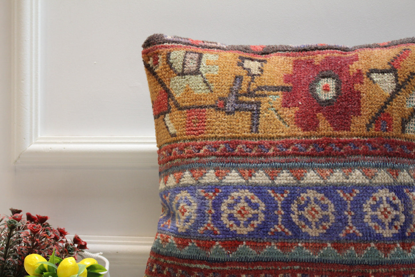 Handmade Turkish Rug Pillow: Vintage Wool Patchwork, 16x16 inc