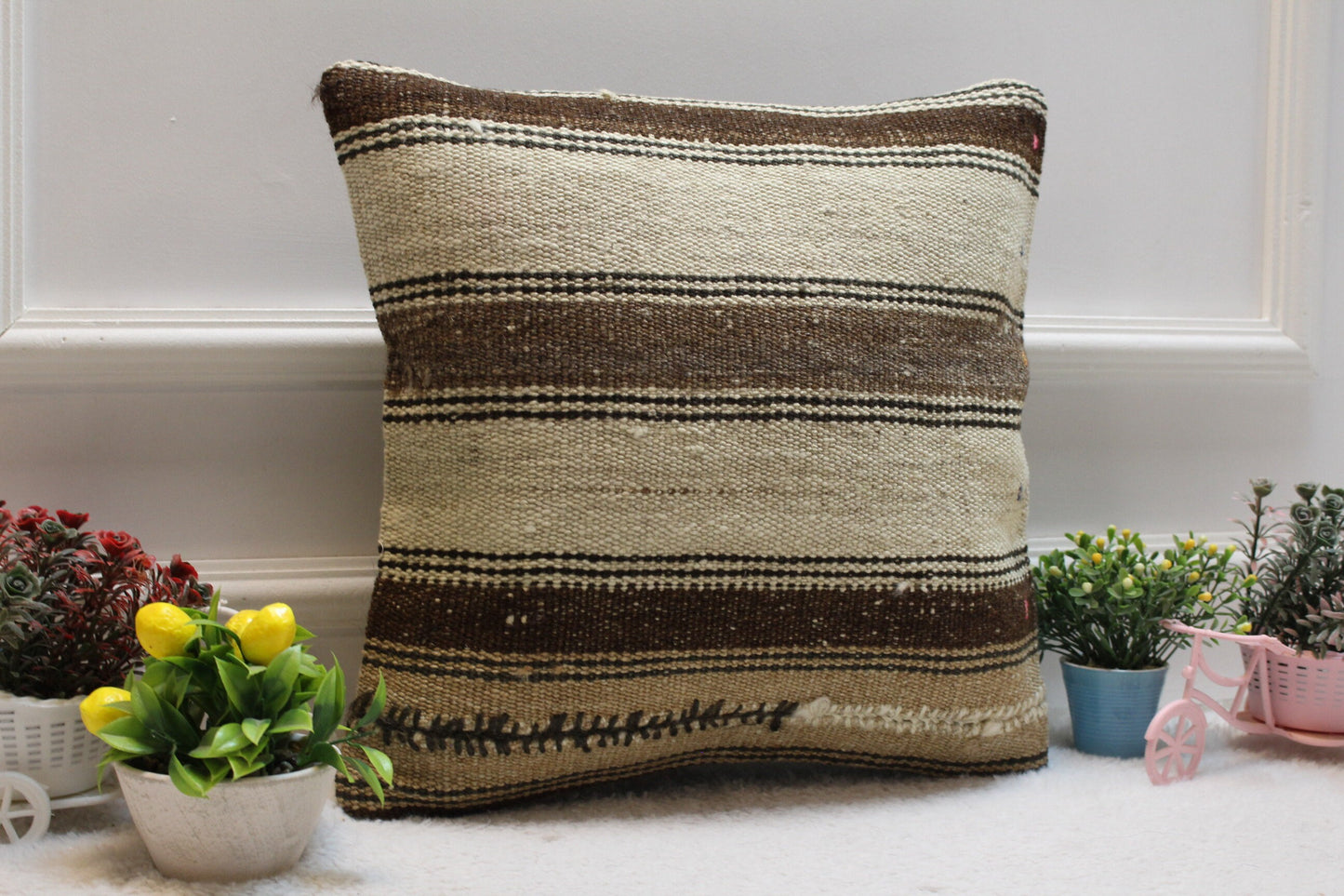 Striped Kilim Pillow Cover: Handmade Organic Wool, Vintage Rug (16x16 in)